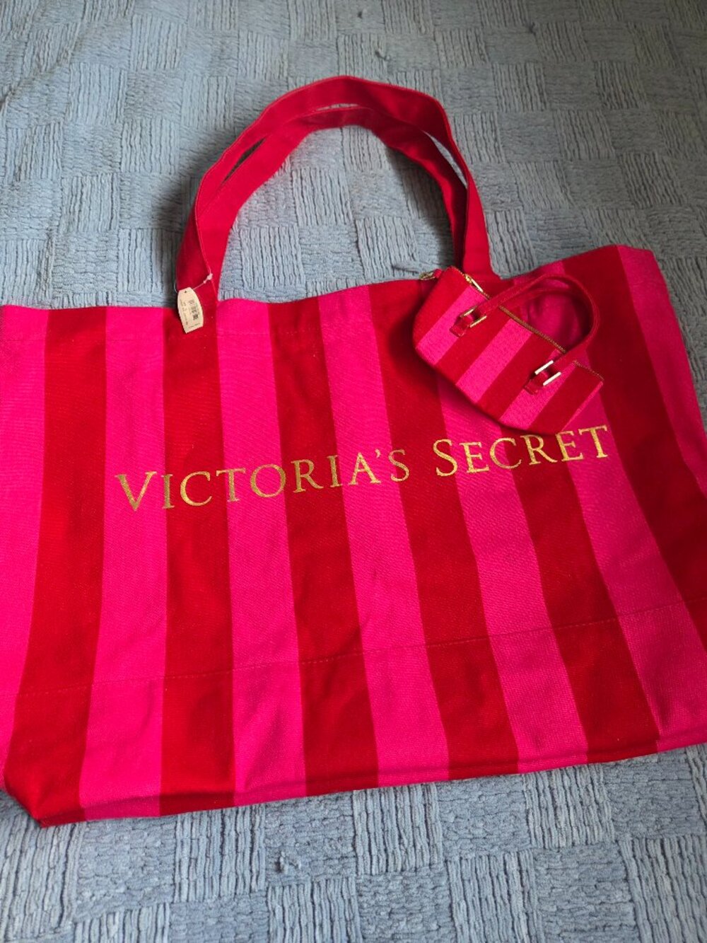 Victoria's Secret Pink & Red Stripe Large Canvas Tote Bag with Matching Mini Pou